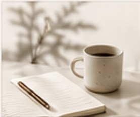 A mug beside an open notebook and a pen